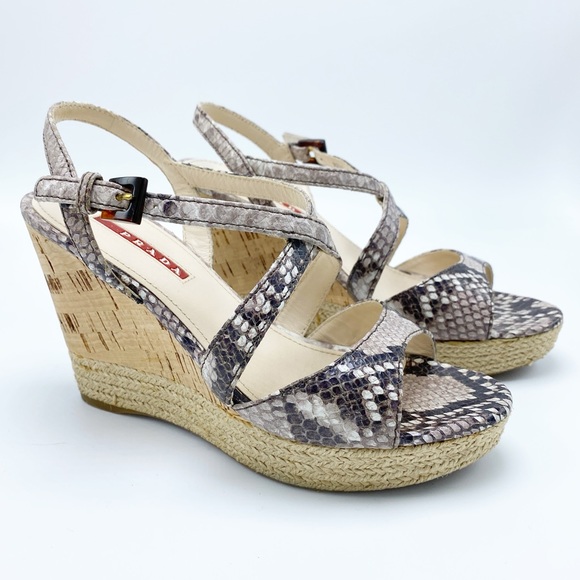Authentic Prada 36.5/ 6.5 Snakeskin & Cork Wedge Sandal - Picture 1 of 9